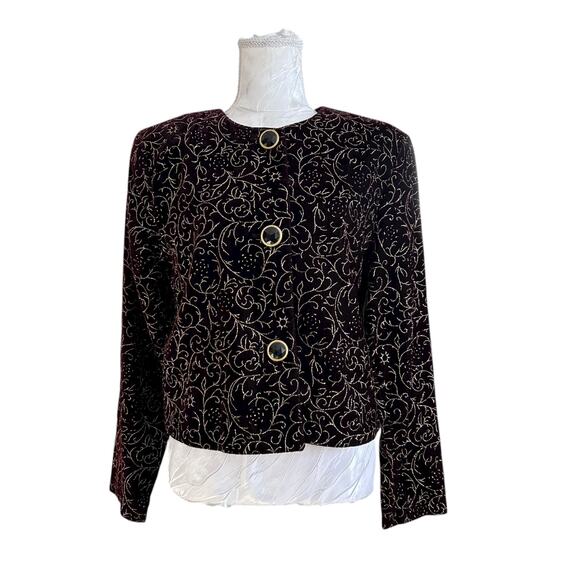 Vintage Maroon Velour Gold Glitter Jacket Women Sz Medium 90s Sparkle Christmas - Picture 1 of 16